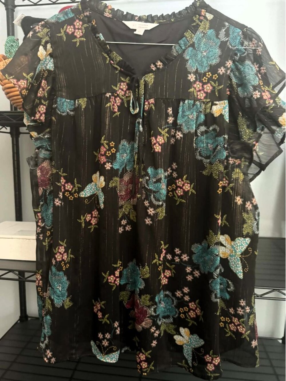 Lauren Conrad Embroidered Sheer Floral Blouse • Size XL • Black • Polyester